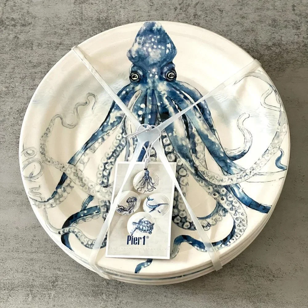 NWT Pier 1 Sea Life Adventure Set/4 Salad Plates Octopus Whale Jellyfish Turtle